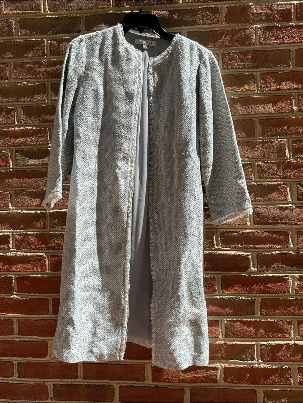 Kay Unger New York Tweed Coat Dress Jacket Fringe Trim Grey/Silver Size 2